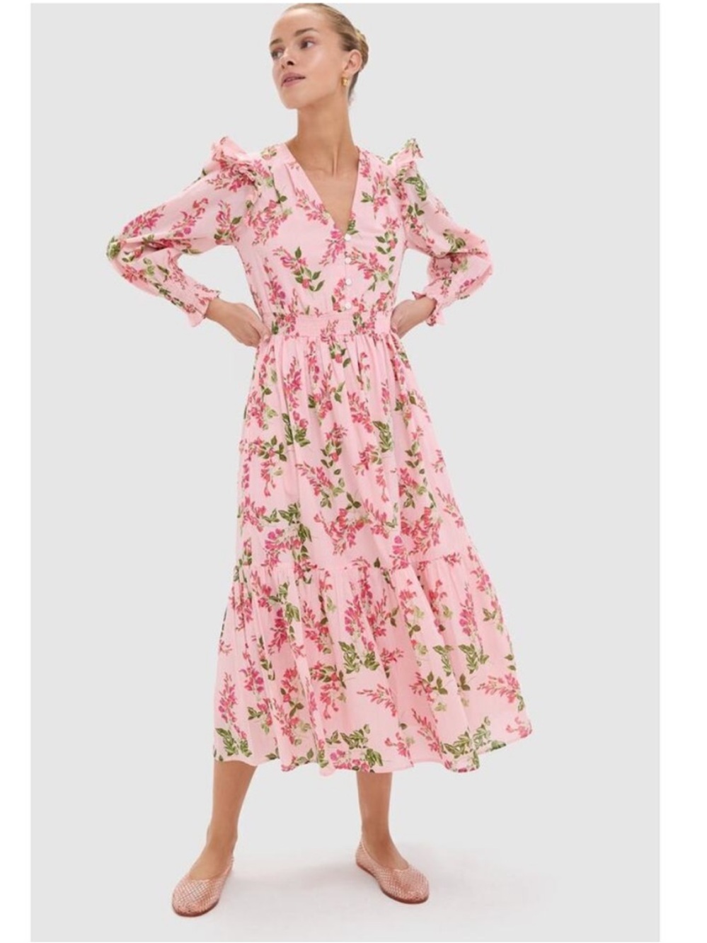 Banjanan Pearl Pink Floral Ruffled Long Sleeve Midi Dress in Wisteria Cabaret M - Picture 3 of 14